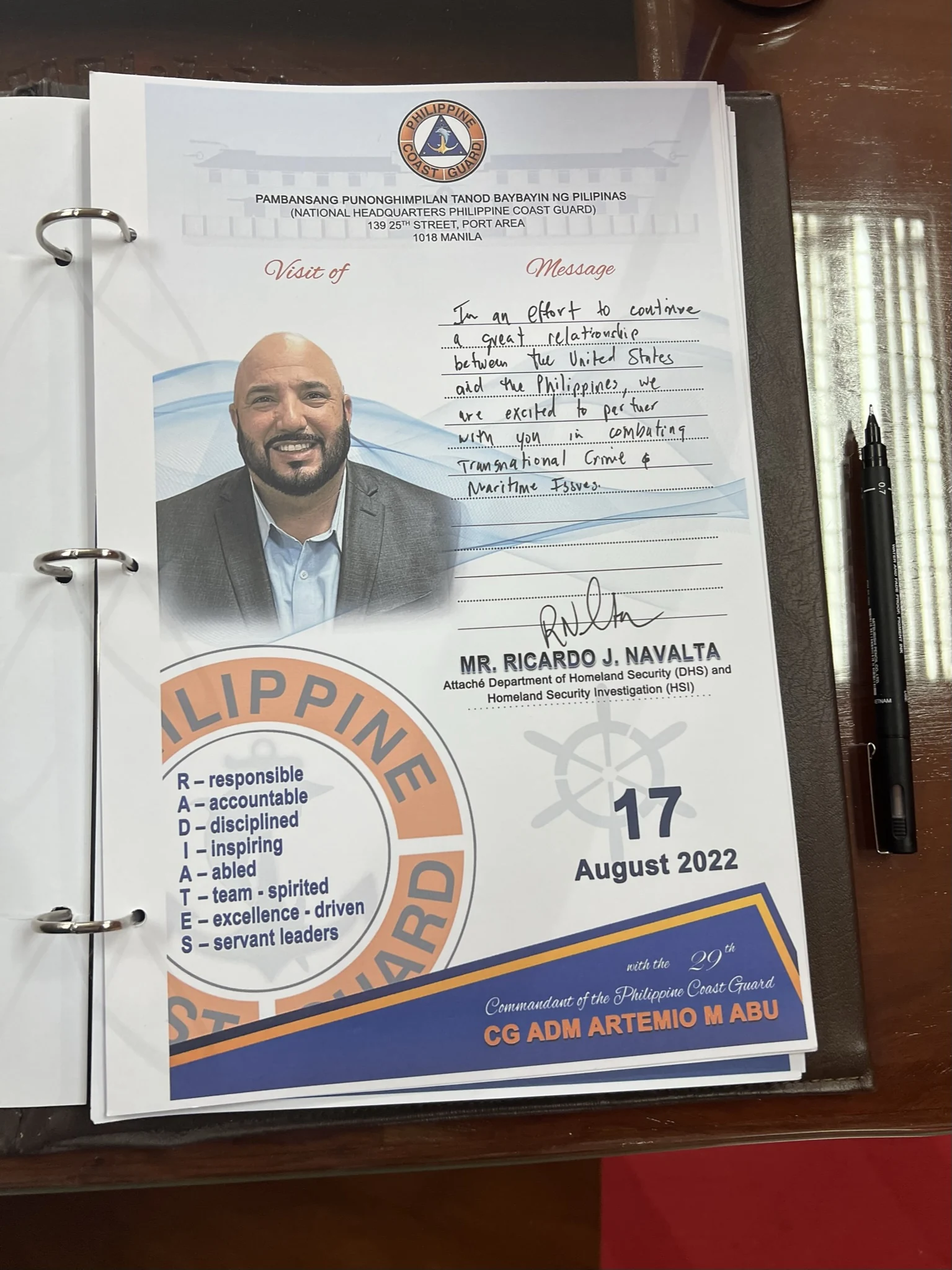 Ricardo Navalta’s signed message in the Philippine Coast Guard guestbook